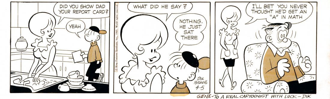 Dik Browne Hi&Lois: ENG Daily strip published on April 5, 1965.Pencil, ink and contact screen on thincardboard. Signed and dedicated. IT Dik Browne Hi&Lois Striscia giornaliera del 5 aprile1965. Matita, china e retino s