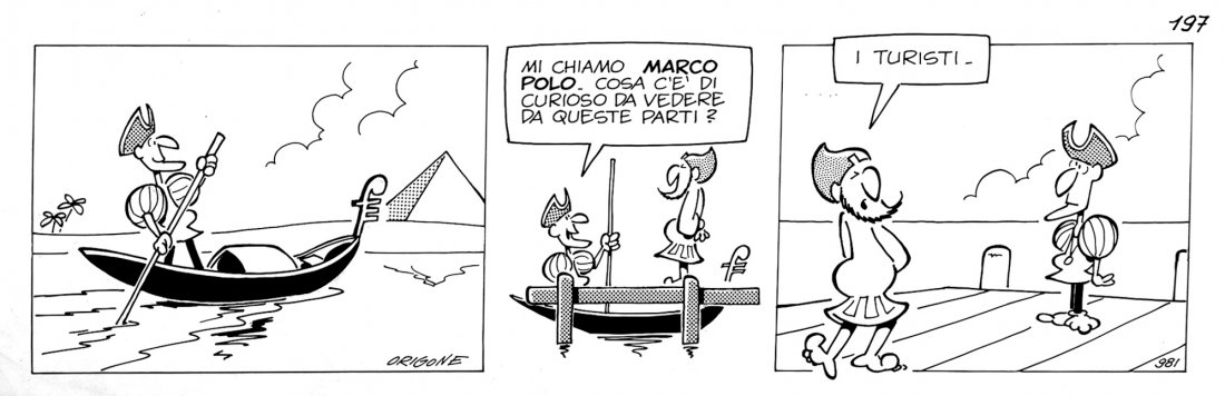 Agostino E Franco Origone E Nilus: ENG Daily strip #197, published on “Il giorno” in 1981. Pencil, ink and contact screen on thin cardboard. IT Agostino E Franco Origone E Nilus Striscia giornaliera n°197, pubblicata ne “Il Gior