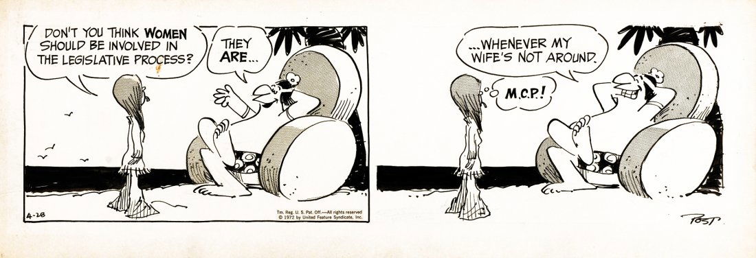 Howard Post The Dropouts M.C.P.: ENG Daily strip published on April 28, 1972. Pencil, ink and contact screen on thin cardboard. Signed. Dedication signed «H» on the back. IT Howard Post The Dropouts M.C.P. Striscia giornaliera de