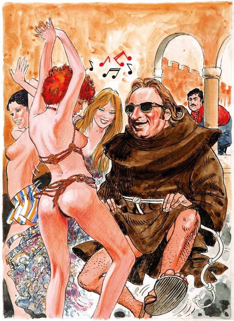 Milo Manara Padre Eligio Show: ENG Original cover art for “Il Montatore”#29, published by Publistrip, second half of the 70s. Pencil, ink and watercolour on thin cardboard. IT Milo Manara Padre Eligio Show Originale di copertin