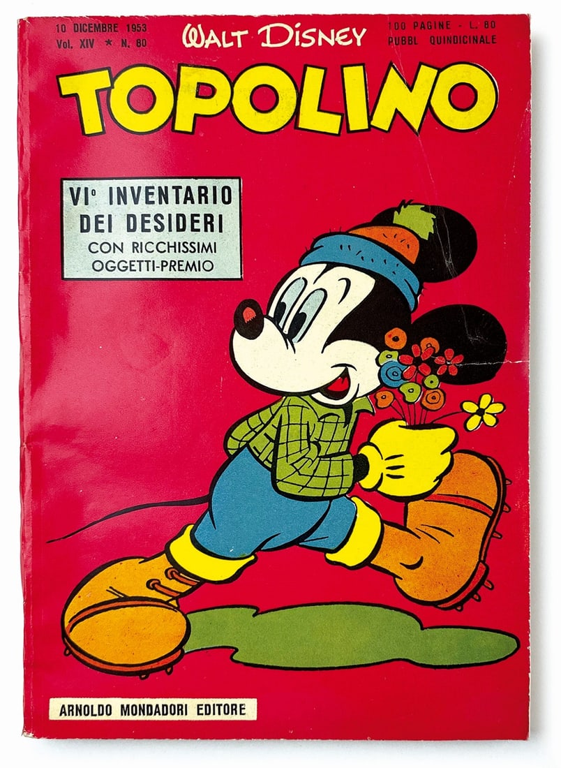 Topolino Libretto n. 80: Mondadori, 10 dicembre 1953. Brossura conspillatura interna, cm 18,5x12,5. Edicola/magazzino,uno strappetto senza mancanze restauratomargine destro copertina. Numerochiave.