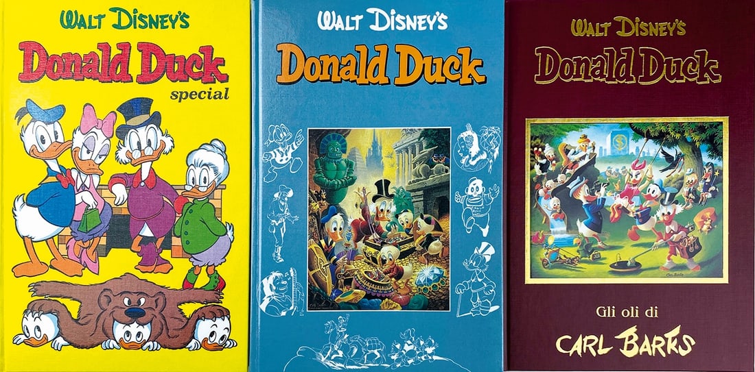 Donald Duck Special; Gli Oli di Barks: Serie completa di tre volumi, edizione fuoricommercio ANAF. Cartonati, cm 32x22. 1988-1990. “Donald Duck Special”, “Donald Duck” e“Gli Oli di Carl Barks”, a tiratura limitata d