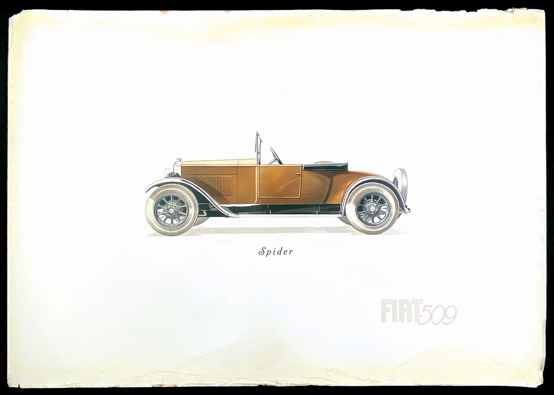 Fiat 509; Fiat 520; Fiat 521: Collezione di 7 manifesti promozionali Fiat per autoconcessionari, anni '20. Grafica di Bianco; un manifesto datato 1922. Litografia su cartoncino; ciascuno cm 49x70. Due soggetti con ingialliture mar