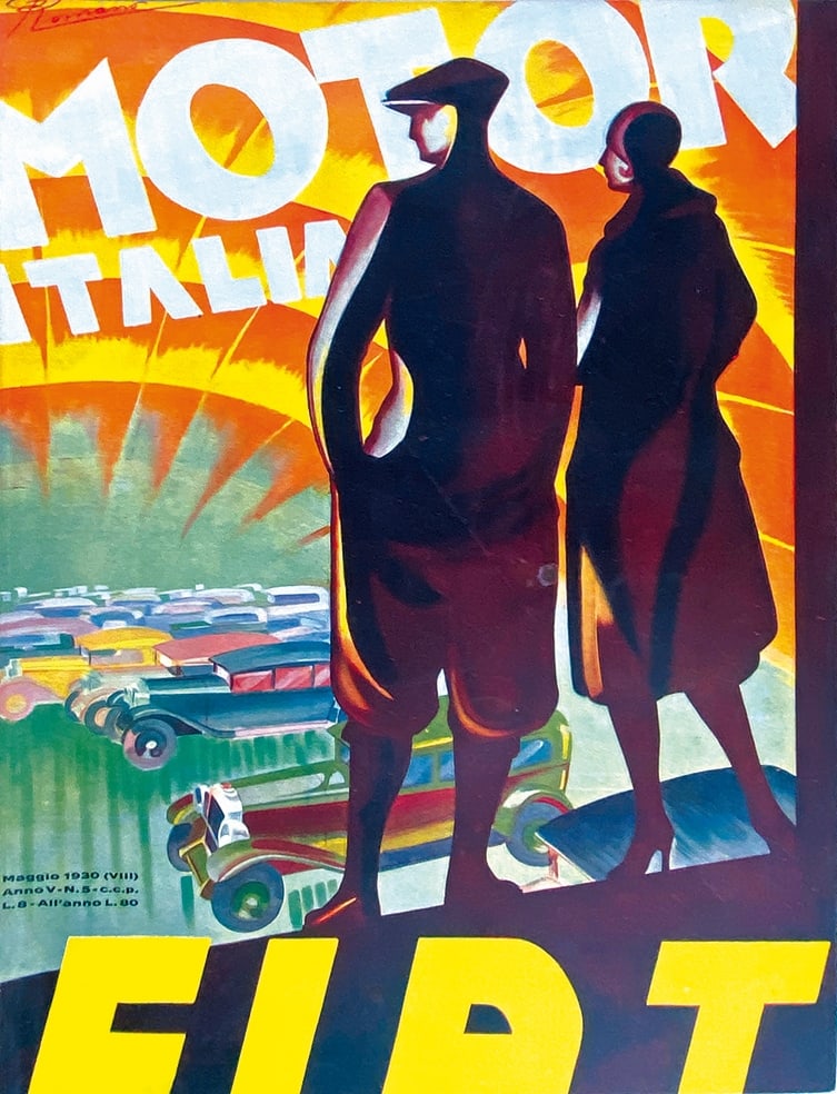 Motor Italia 1930: Annata completa rilegata composta da 12 fascicoli. Poco rifilata, cm 29,5x24. Le spettacolari copertine sono rilegate in testa al volume. Ottimo stato. Legatura mezza pelle coeva.
