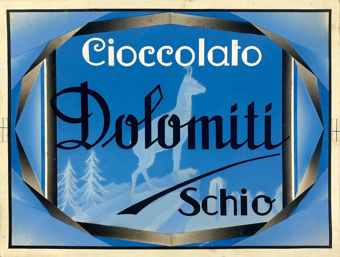 Cioccolato Dolomiti Schio: Bozzetto pubblicitario, n.d. ma anni '30. Tecnica mista su cartoncino; cm 22x29,5. Eccellente stato.