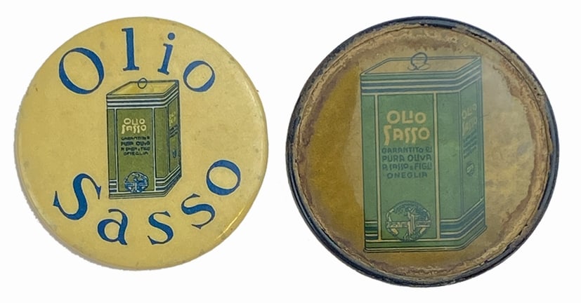 Olio Sasso: Coppia di specchietti pubblicitari, anni '20/30. Diametro cm 6. Ottimo stato.