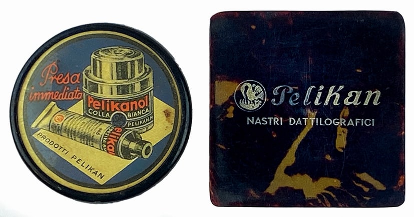 Pelikan; Erika Naumann e Altro: Pelikan; Erika Naumann Macchina da scrivere; Macchine da stampa Leipzig. Lotto composto da 4 specchietti, anni '30. Diametro cm 6. Ottimo stato.