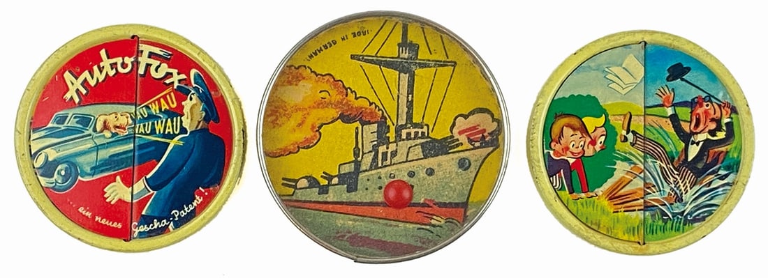 Auto Fox; Gesha; Nave da Guerra: Lotto composto da 3 specchietti, anni '30. Diametro cm 6. Eccellente stato.