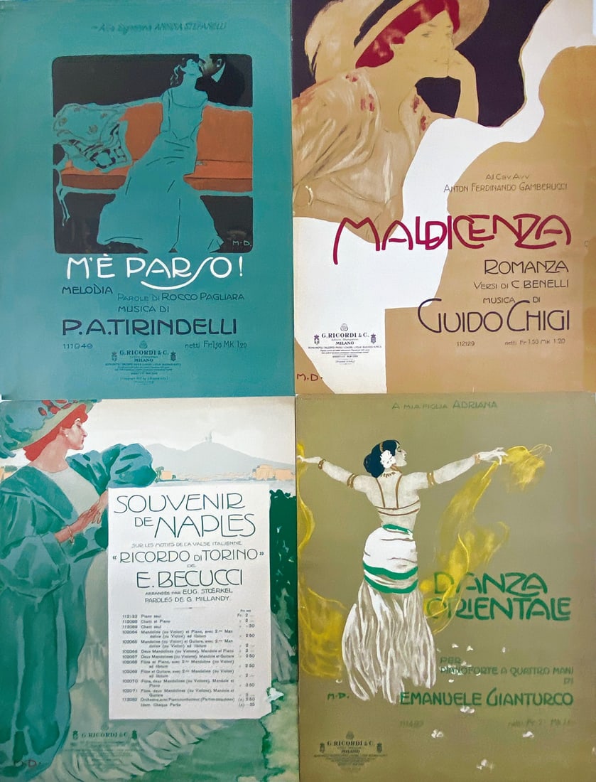 Affichette Promozionali Ed. Musicali Ricordi: MARCELLO DUDOVICH; METLICOVITZ; TERZI - Affichette Promozionali Ed. Musicali Ricordi Milano. Lotto composto da 7 affichette litografiche, primi '900. Cm 25x36 ciascuna. Di cui 5 su disegni di Marcello