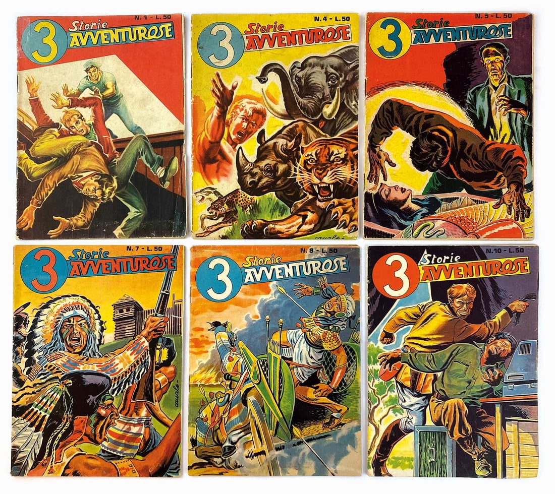 3 Storie Avventurose: Dardo, 1954. Spillati cm 21,5x15. Serie completa da n. 1 a 10. Pubblica Yorga di Canale, Ray Fox di Tarquinio; spettacolari copertine di Canale. Buono stato. ENG