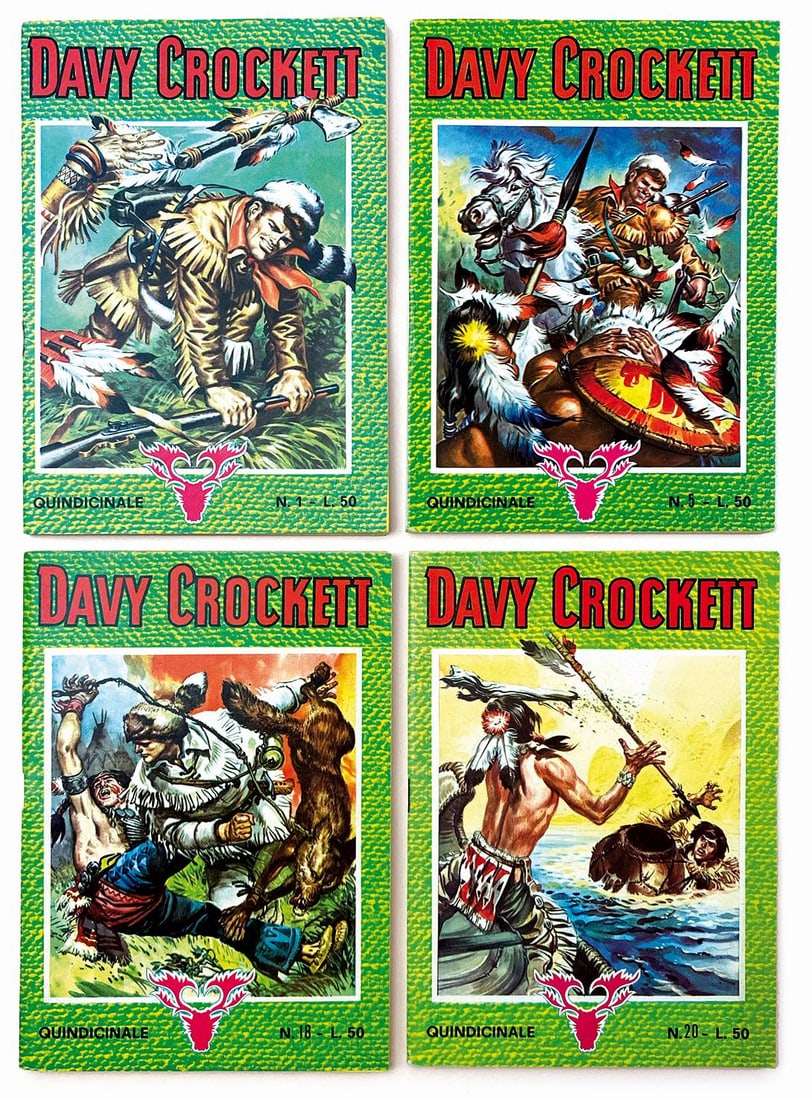 Davy Crockett: Dardo, 1965. Spillati cm 18x13. Serie completa da n. 1 a 20. Fumetti in produzione britannica. Ogni albo contiene piu' episodi completi. Da edicola. N. 10 con piccolo strappetto margine copertina. Rar