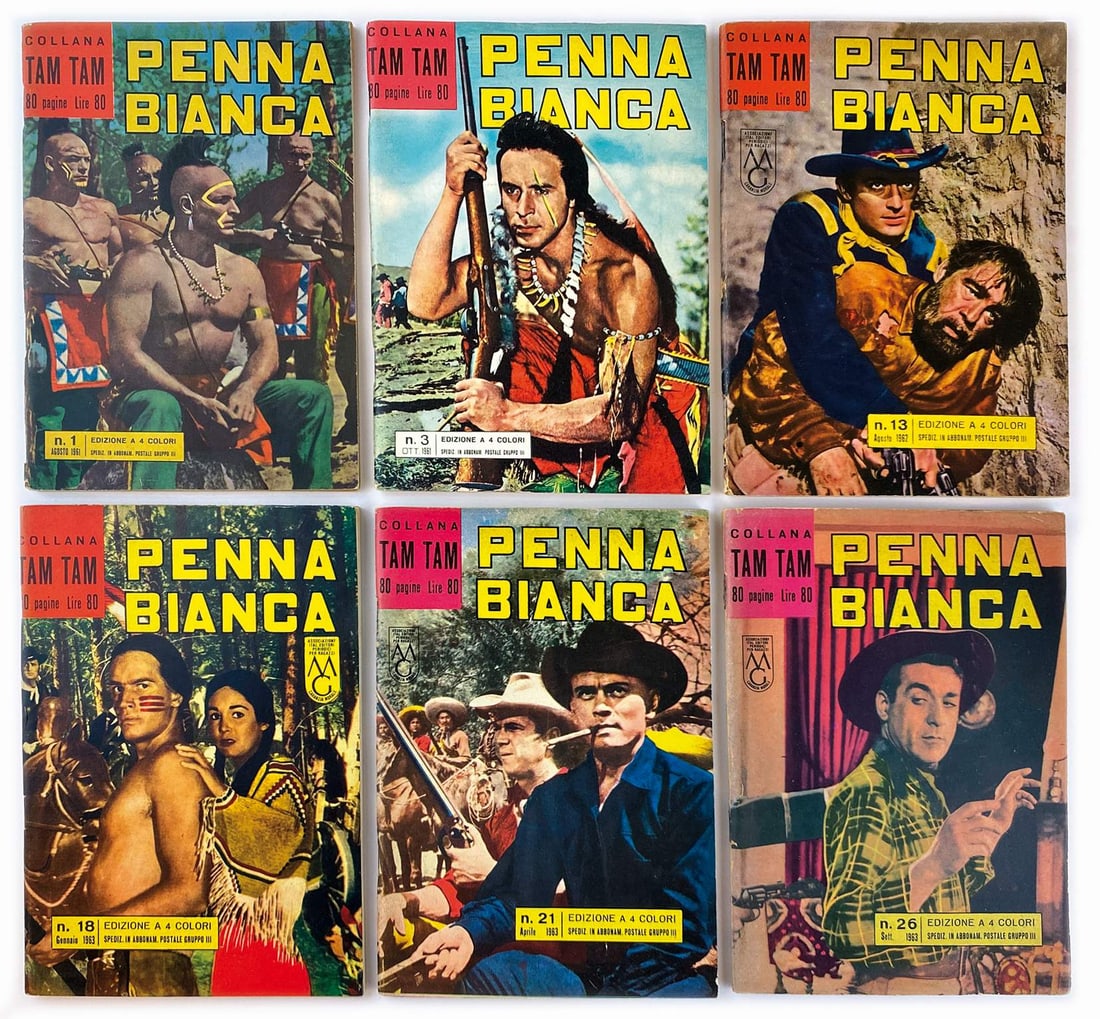 Penna Bianca completa: Ed. Bianconi, 1961. Spillati cm 18x13. Serie completa da n. 1 a 26. Pubblica Penna Bianca, i Tre del West; inoltre storie di Asteriti e Bottaro. Nuova. ENG