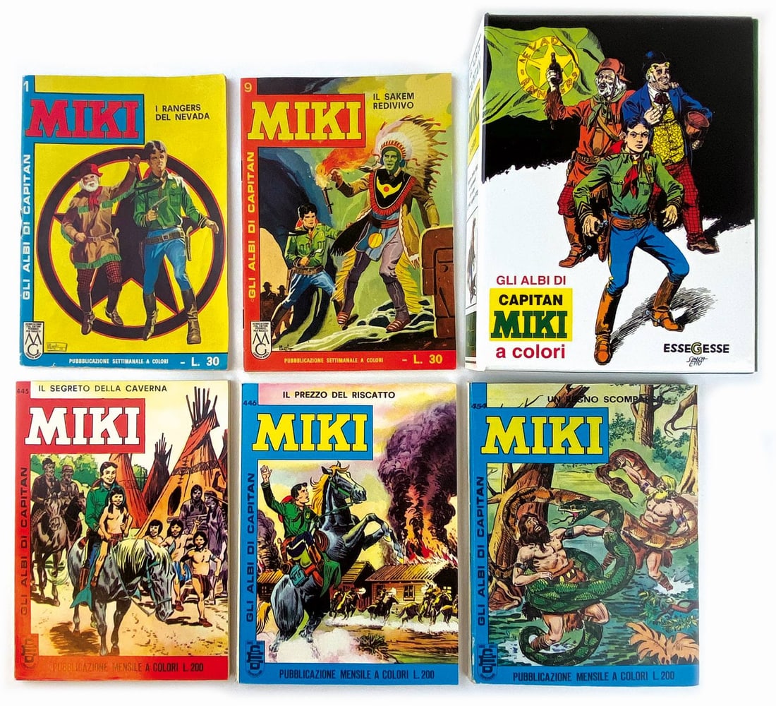 Capitan Miki Libretto completa: Dardo, 1962-1972. Spillati cm 18x13. Serie completa da n. 1 a 454. Ripresenta in formato libretto a colori le prime 35 serie a striscia, proseguendo quindi con materiale realizzato per il mercato