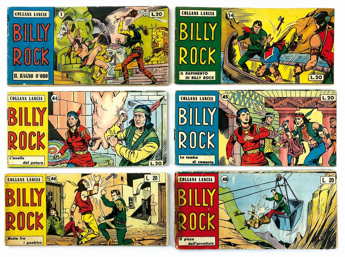 Billy Rock completa: Dardo, 1959-1960. Spillati cm 8x17. Serie completa n. 1 a 48. Testi di Barbieri, disegni di Sandro Angiolini. Nn. 4, 9, 10, 11, 17, 19, 20, 23, 25, 30, 37, 38, 41, 42, 47 con piccoli difetti quali