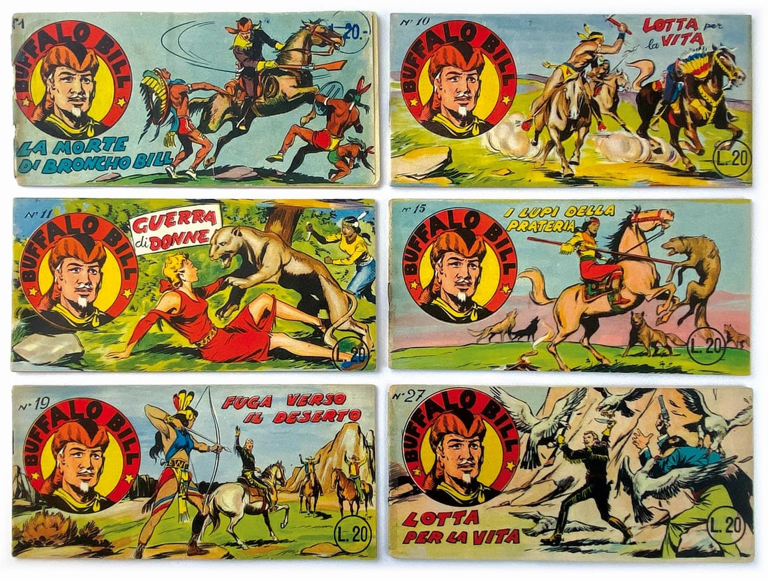 Buffalo Bill completa: Audace, 1952. Spillati cm 8x17. Serie a striscia completa da n. 1 a 27. Buona, ottima; pinzette ossidate. ENG