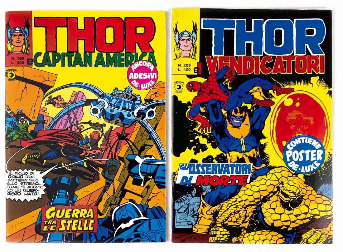 Thor: Guerra tra le Stelle e Altro: Thor: Guerra tra le Stelle; Gli Osservatori di Morte. Coppia di albi Corno, 1978-1979. Prima serie nn. 189 e 209. Spillato cm 26x17. Edicola, n. 189 completo di adesivi perfetti; n. 209 completo di ma