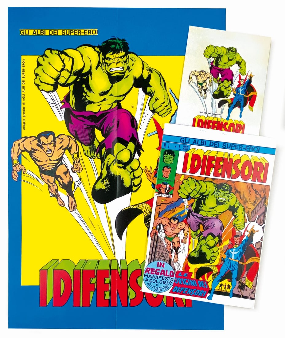 Gli Albi dei Super-Eroi: I Difensori: Gli Albi dei Super-Eroi: I Difensori con Adesivo e Manifesto. Corno, 1973. N. 1. Spillato cm 26x17. Edicola, due minimi segni da pressione al dorso, adesivo bianco e perfetto; manifesto eccellente ese
