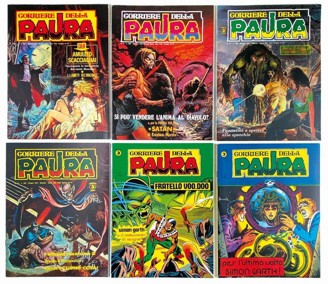 Corriere della Paura completa: Corno, 1974. Serie completa da n. 1 a 22. Spillati cm 27,5x21. Edicola, magazzino. Copertine perfette, n. 11 completo di manifesto “Lo Zombie”. I nn. 19 e 22 con piccola sigla distributore ang