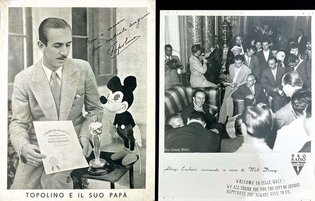 Topolino e il Suo Papa': Cartoncino commemorativo per l'Academy of Motion Picture Arts Award, concesso a Disney nel 1932. Cm 27x20,5. Eccellente stato. Unitamente a foto per agenzia di stampa relativa alla visita di Disney in