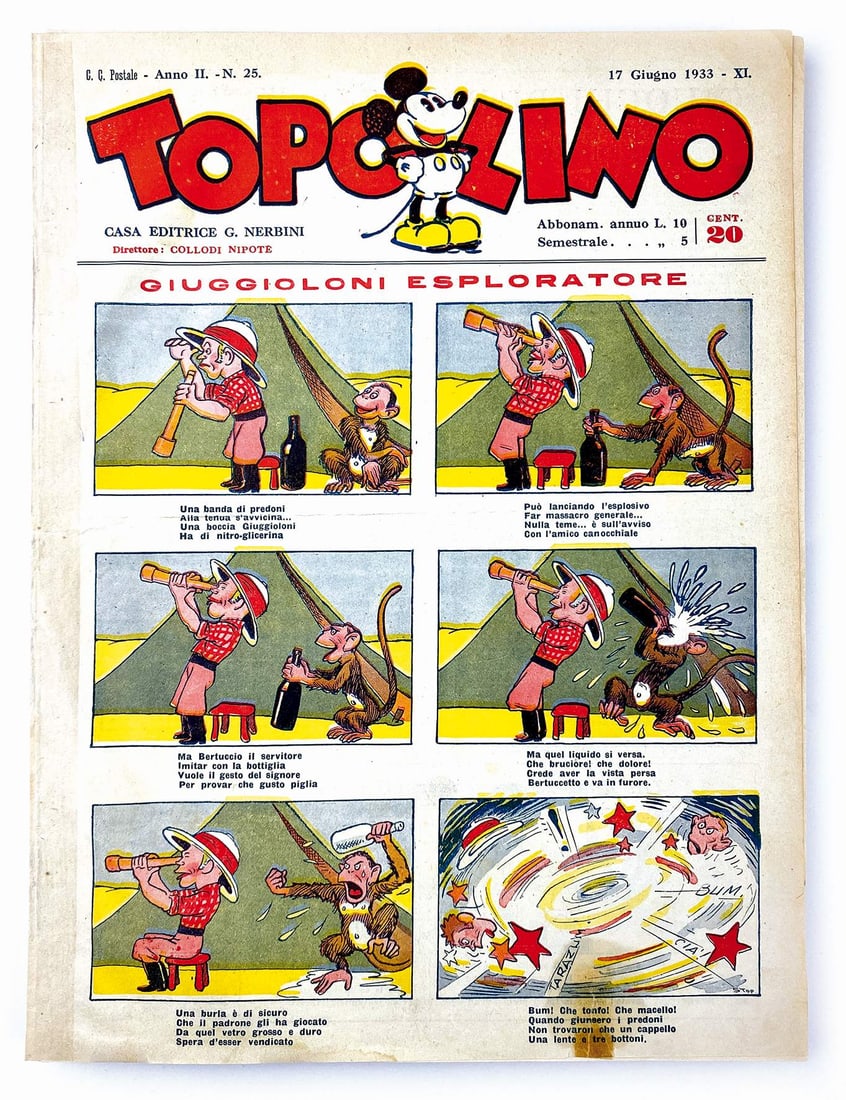 Topolino Giornale n. 25: 17 giugno 1933. Ottimo stato, dorso rinforzato. Una menda al margine basso copertina. Rifilato, cm 33,5x25. ENG