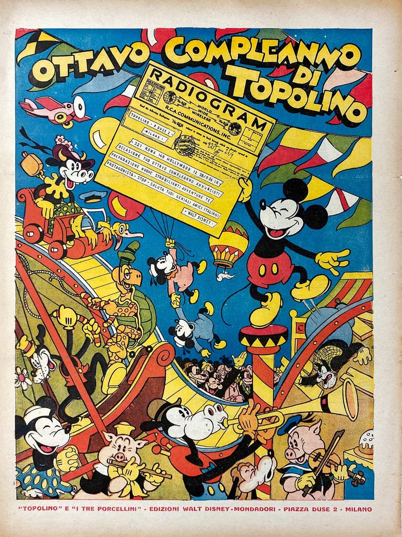 Ottavo Compleanno di Topolino: Inserto allegato a Topolino Giornale n. 198, 1936. Foglio sciolto, cm 35x26. Disegni di Antonio Rubino. In retrocopertina, promozione di Red Barry e Il Giornale dei Tre Porcellini. Minimi segnetti mar