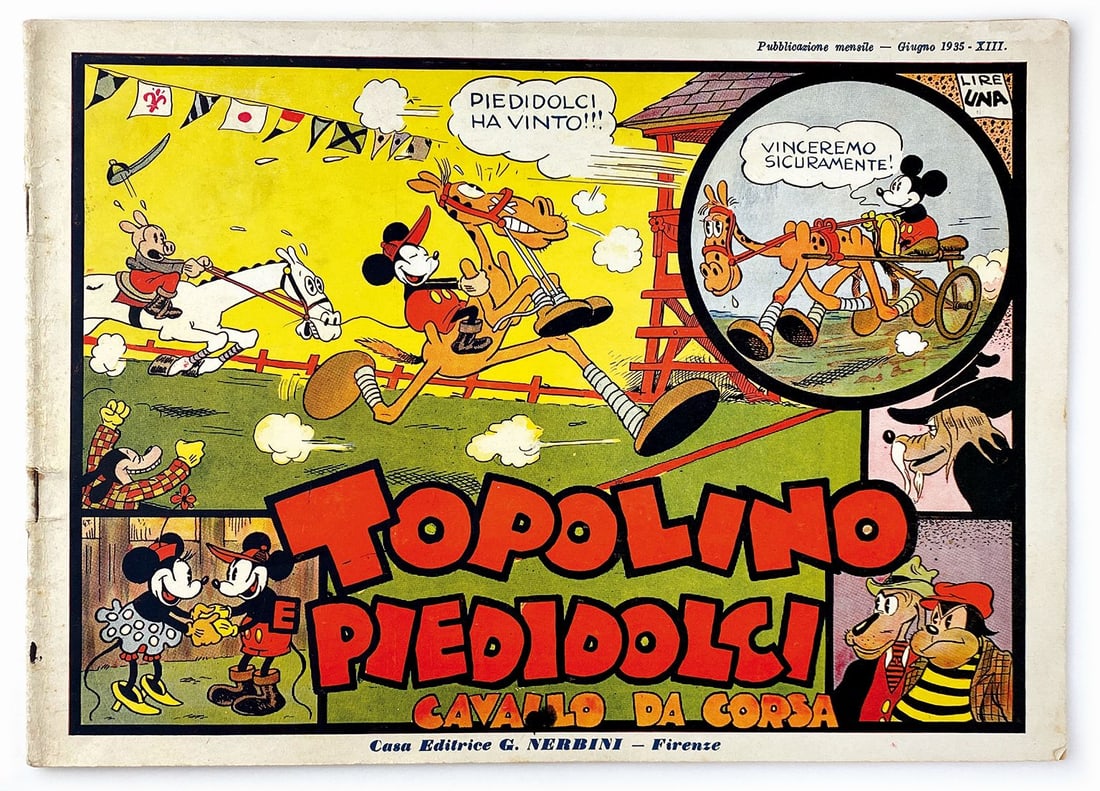 Topolino e Piedidolci Cavallo da Corsa: Nerbini, giugno 1935. Spillato cm 23,5x32,5. Ottimo esemplare, due minimi strappetti alla pinzetta inferiore senza mancanze. ENG