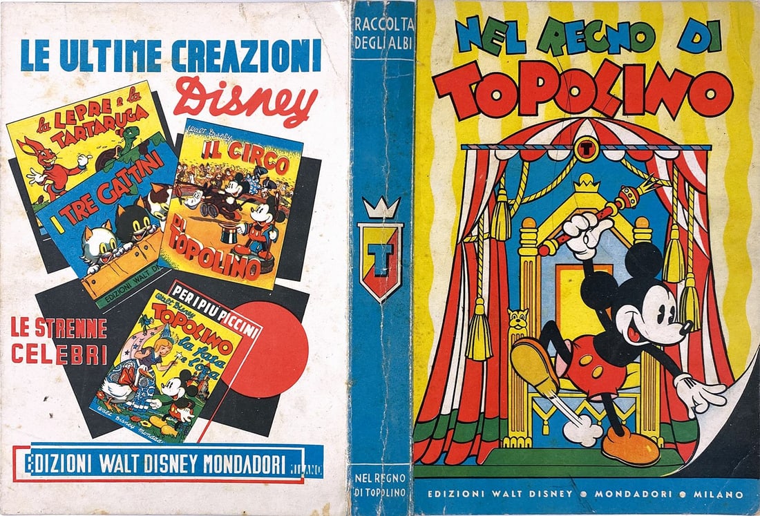 Raccolta degli Albi nel Regno di Topolino: Copertina editoriale cartoncino, cm 25x37,5. Una piegatura al dorso e lievi pieghe agli angoli. Complessivo ottimo stato. Assai raro. ENG
