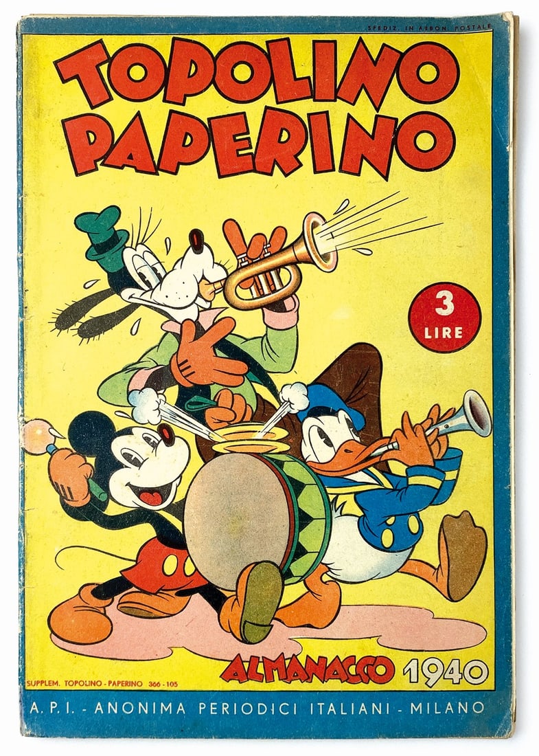 Topolino Paperino Almanacco 1940: Edizioni A.P.I., brossura, cm 28x19. Pp. 80 in b/n e colore. Buon esemplare, una piega angolo superiore destro, minimi strappetti al dorso. Copertina reincollata. Interno ottimale, completo dell'inser
