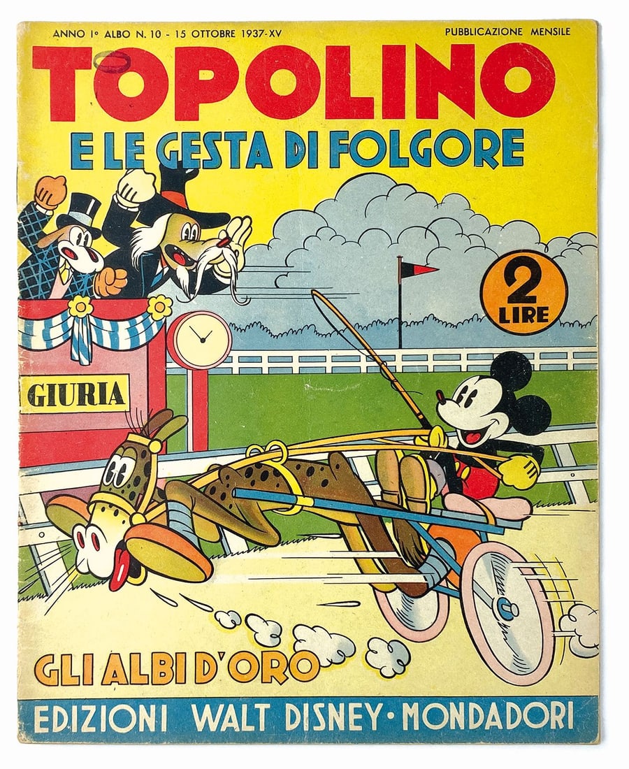 Topolino e le Gesta di Folgore: Edizioni Walt Disney Mondadori, n. 10, 15 ottobre 1937. Spillato, cm 26,5x21 circa. Lieve piega centrale da spedizione in abbonamento. Piega da pressione all'angolo superiore destro, piccolo timbro in