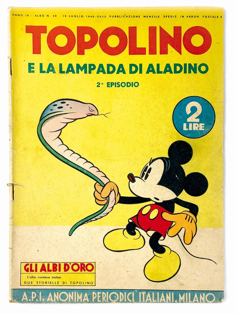 Topolino e la Lampada di Aladino II Ep.: Topolino e la Lampada di Aladino Secondo Episodio. A.P.I., n. 40, 15 luglio 1940. Spillato, cm 25,5x18. Ottimo stato. Piccolo strappetto alla pinzetta inferiore, dorso lievemente slittato. Interno in