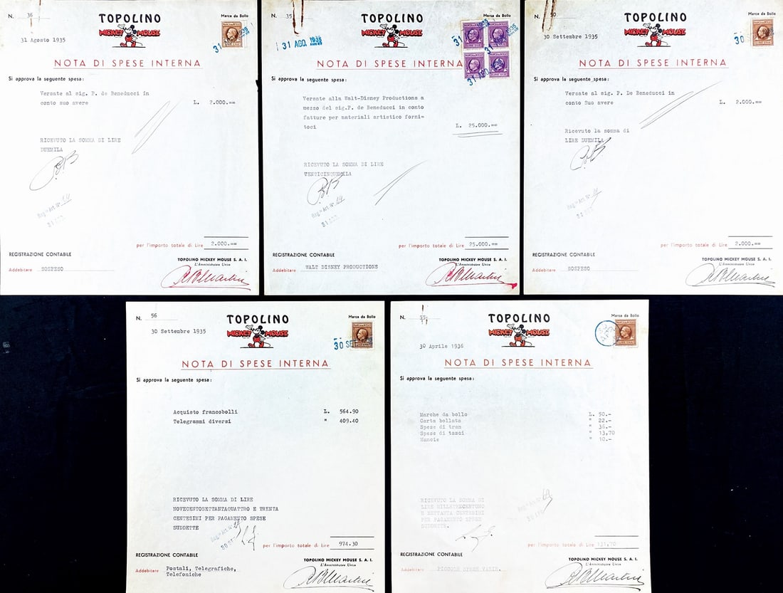 Topolino Mickey Mouse S.A.I. Nota Spese: Lotto composto da 5 note di spese interne, 1935-1936, su carta intestata, cm 23,5x21. Firmate dall'amministratore. Ottimo stato. Tre con segni di clip rimossa. ENG