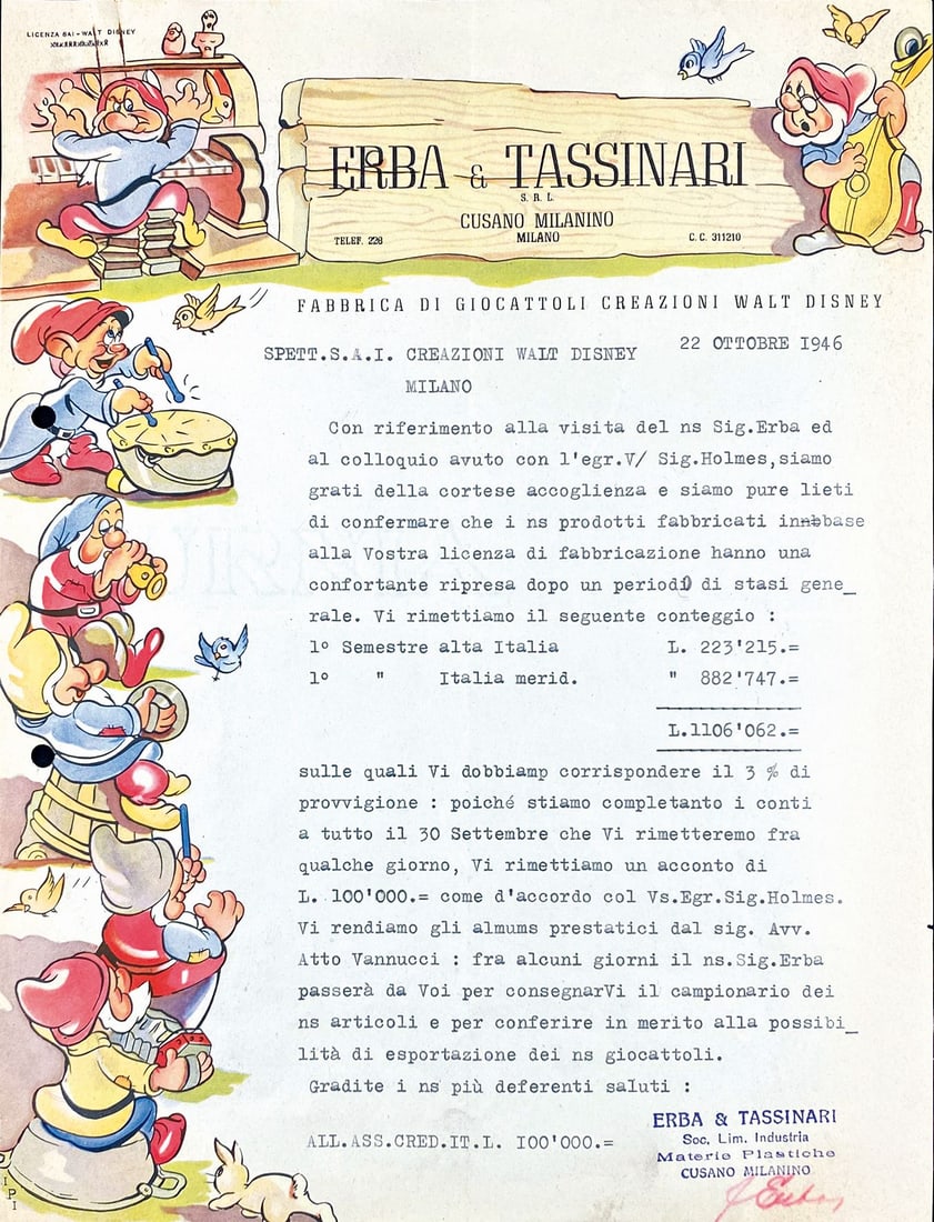 Lettera Fabbrica di Giocattoli Creazioni Walt Disney 1946 (1 of 1)