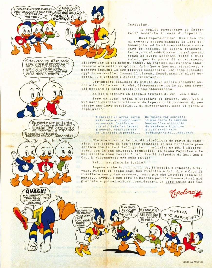 Lettera Abbonamento "Evviva Paperino": Dicembre 1950. Foglio sciolto, cm 29x23. Stampato fronte/retro. Eccellente stato. ENG