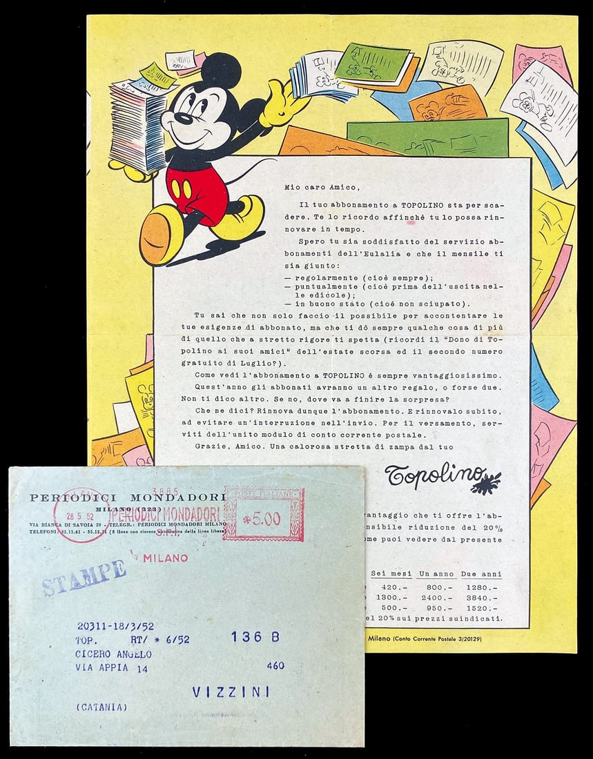 Lettera Rinnovo Abbonamento: 1952. Foglio sciolto, cm 28x21. Accompagnata da busta originale, cm 12x15,5. Eccellente stato. ENG