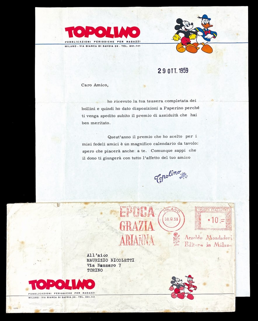 Lettera Redazione Topolino 1959: Lettera di riscontro alla consegna della tessera completa di bollini e conseguente premio. Foglio sciolto, cm 29,5x21. Accompagnato da busta intestata, cm 11x23. Buono stato. ENG
