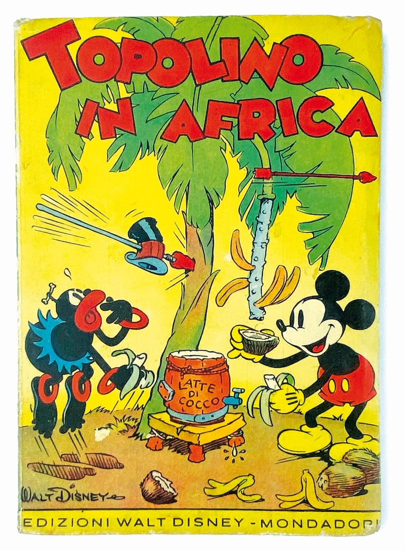 Topolino in Africa: Edizioni Walt Disney Mondadori, 1936. Volume fuori commercio. Brossura cm 21,5x15. Copertine sbordanti, pp. 64 su cartoncino con illustrazioni in bianco e nero e colori. Due piccole scalfitture in cop