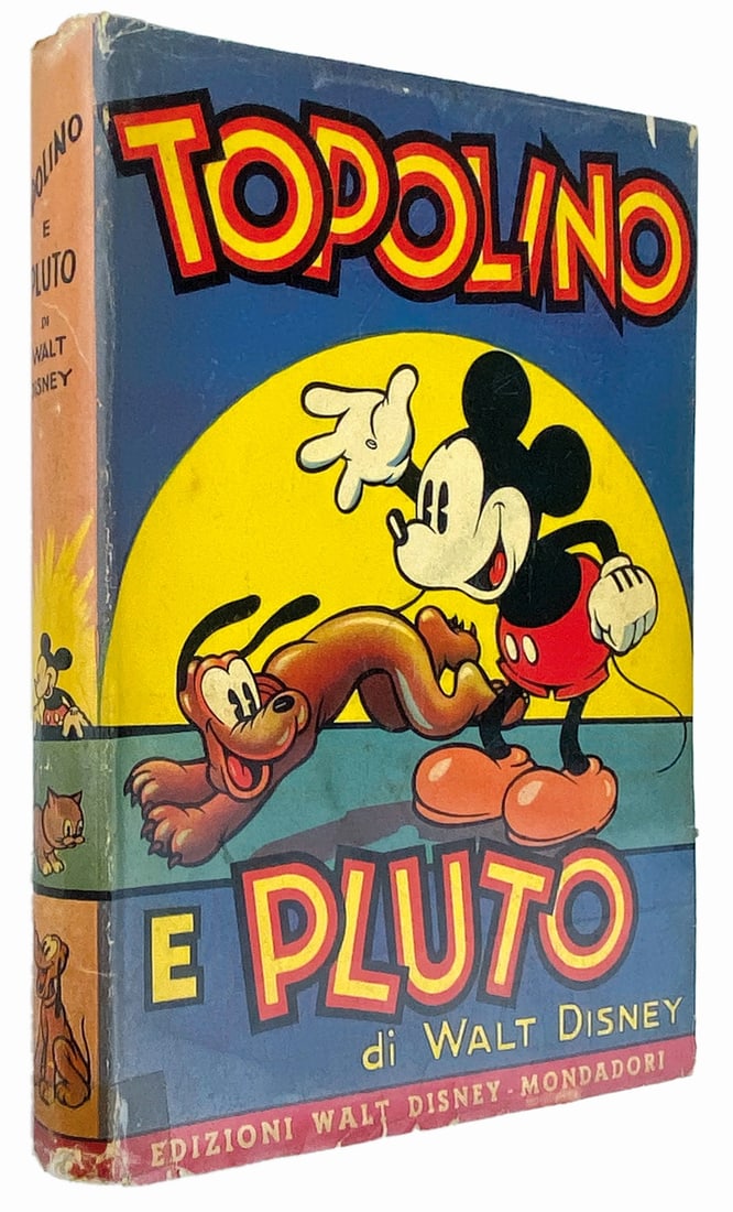 Topolino e Pluto: Edizioni Walt Disney Mondadori, 1938. Cartonato con legatura alla bodognana; cm 24x18. Pp. 72 su cartoncino con illustrazioni a due colori n.t. e f.t.; minimi strappetti al margine inferiore dorso, pe