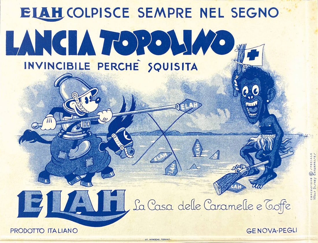 Lancia Topolino Elah: Prova di stampa per la ditta di caramelle Elah di Genova Pegli, impressa in blu da Litografia Manzoni di Torino. Litografia su cartoncino, cm 15x20, “biffato”, eccellente stato. ENG