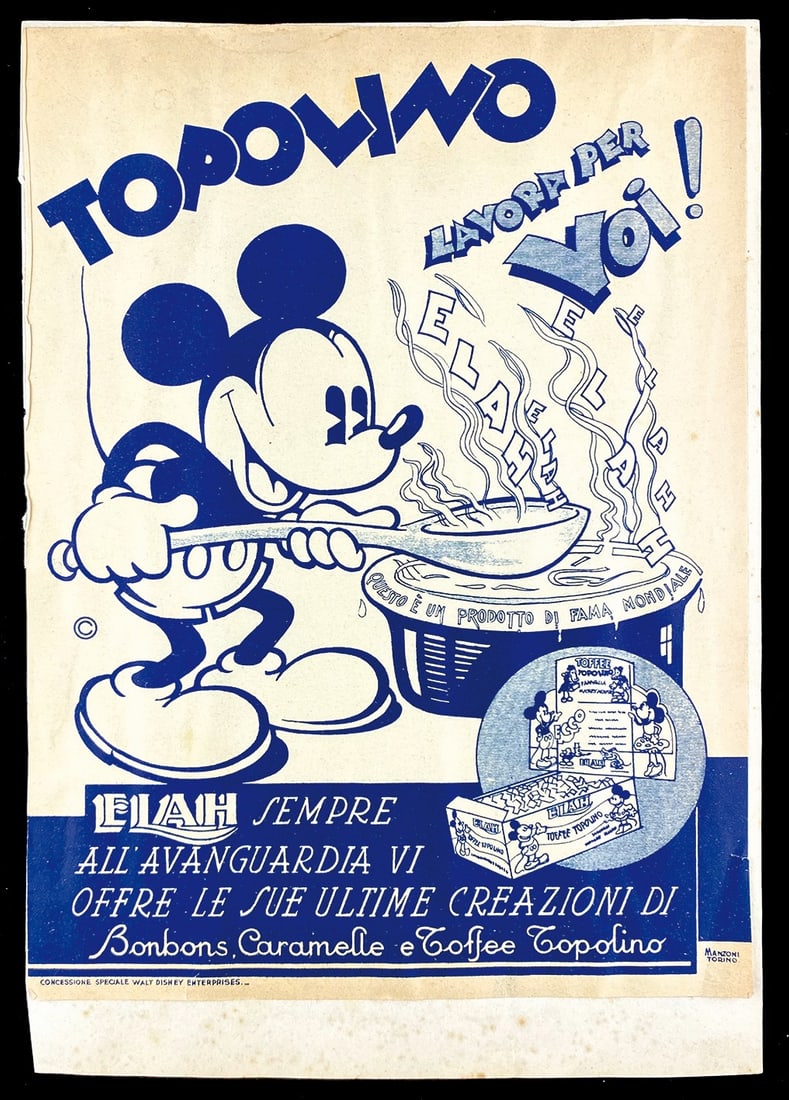 Topolino Lavora per Voi! Elah: Prova di stampa per il prodotto Toffee Topolino, impressa da Manzoni Torino, meta' anni '30. Applicata su cartoncino editoriale, cm 30x21. Ottimo stato. ENG