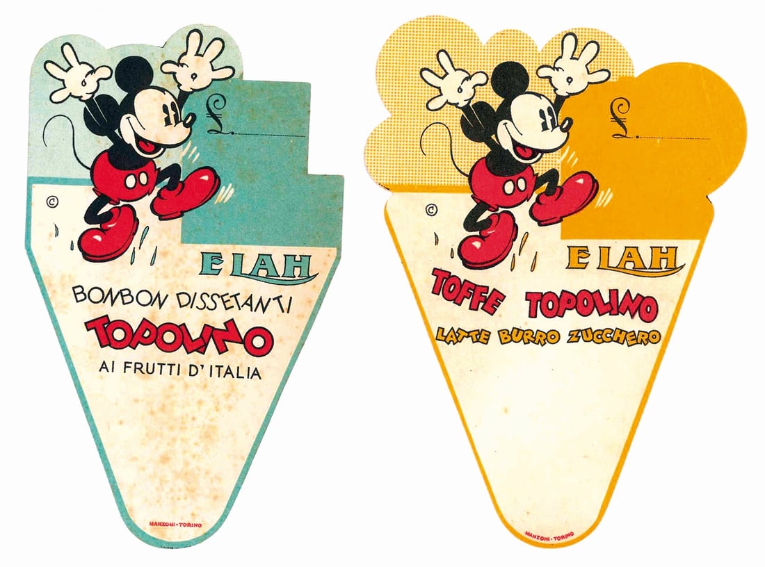 Toffee Topolino: Coppia di cartoncini prezzi sagomati per vetrina; promozionali Toffee e Bonbon dissetanti Elah. Cm 16x10. Uno con due minime pieghe, peraltro nuovi. ENG