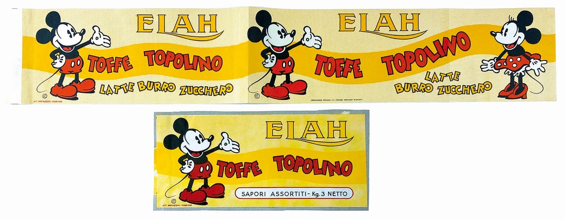 Toffee Topolino Elah: Coppia di prove di stampa per confezioni, impresse da Litografia Manzoni, una cm 10x22, l'altra cm 10x57. Eccellente stato. ENG