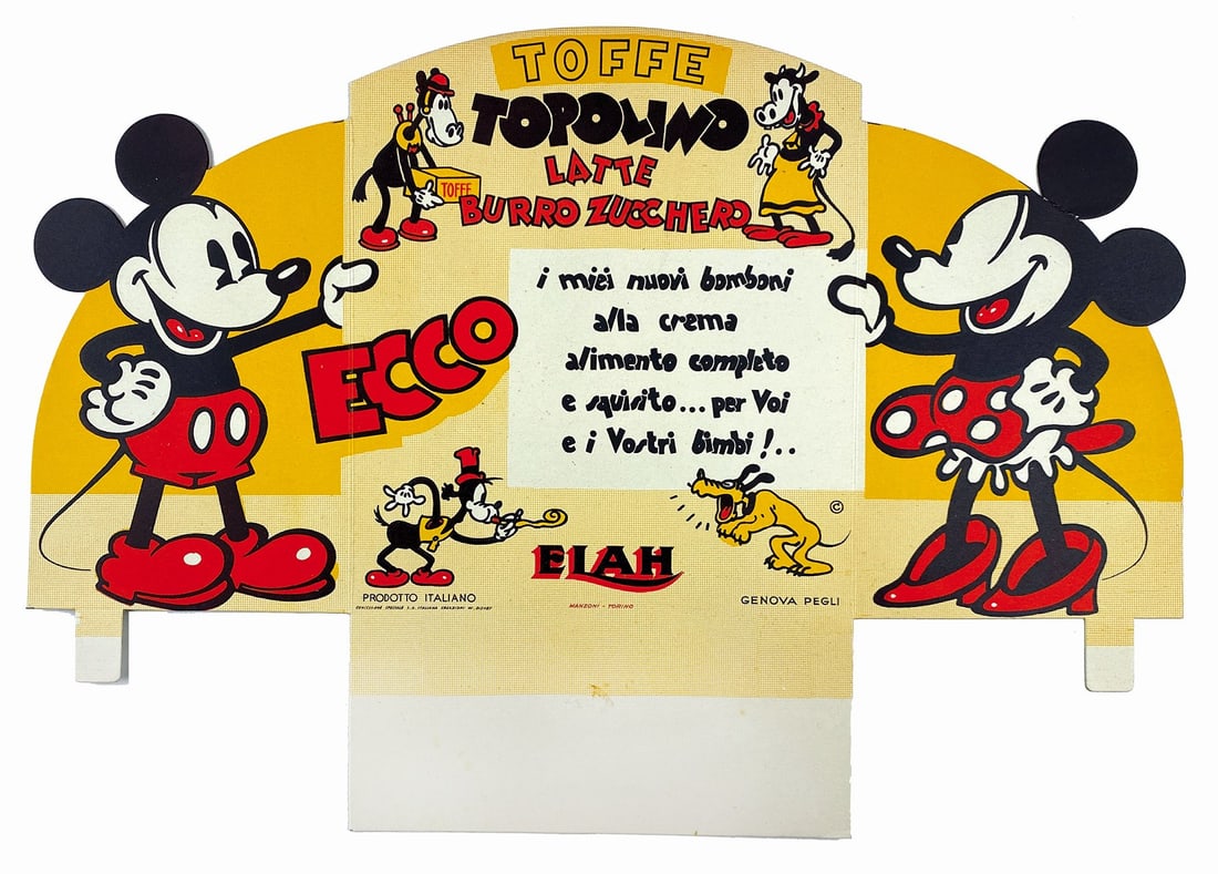 Espositore Sagomato Toffee Topolino: Impresso da Litografia Manzoni, fustellato, ancora da montare. Cm 34,5x48. Eccellente stato. ENG