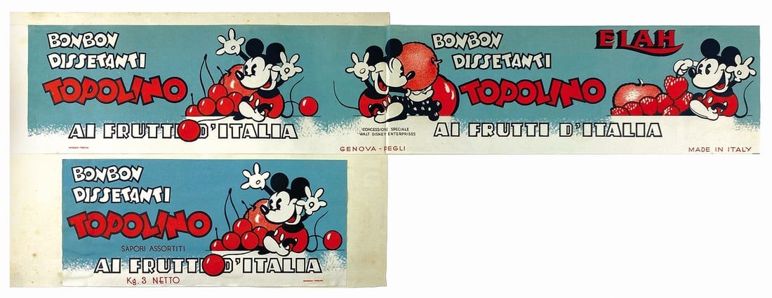 Bonbon Dissetanti Topolino Elah: Coppia di prove di stampa per confezioni, impresse da Litografia Manzoni, una cm 10x22, l'altra cm 10x57. Eccellente stato. ENG
