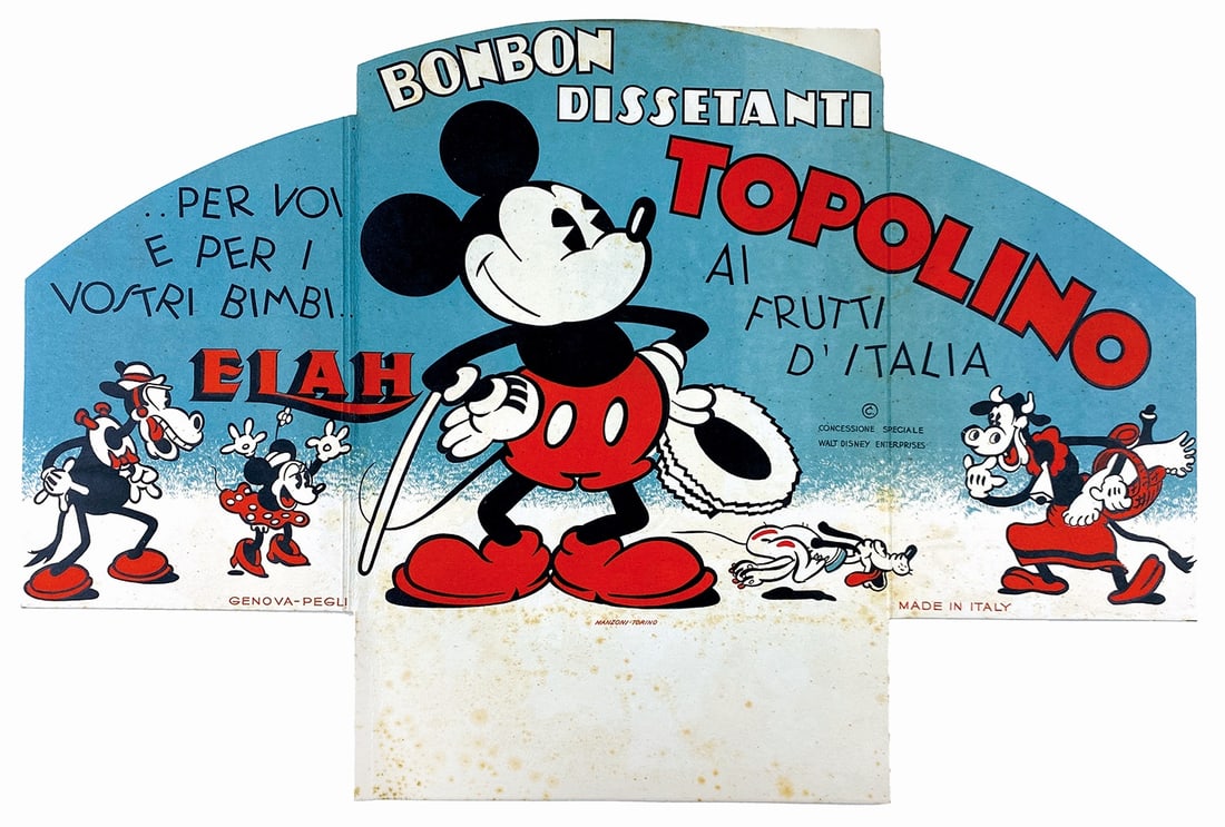 Espositore Sagomato Bonbon Dissetanti: Espositore Sagomato Bonbon Dissetanti Topolino. Impresso da Litografia Manzoni, fustellato, ancora da montare. Cm 34,5x48. Qualche lieve fioritura, peraltro eccellente stato. ENG