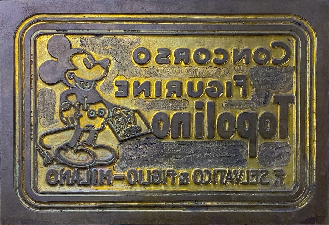 Concorso Figurine Topolino Cliche': Cliche' originale per pubblicita' della ditta F. Selvatico & Figli, Milano. Ottone, cm 13,5x19,5. Non datato ma 1937. Eccellente stato. ENG