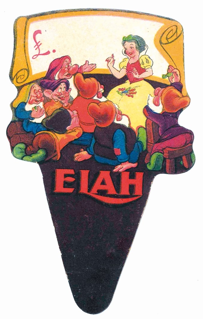 Elah Biancaneve: Cartello prezzo per vetrina, cartone sagomato, cm 18x11. Non datato ma seconda meta' anni '30. Eccellente stato. ENG