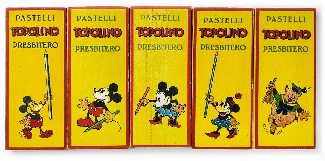 Pastelli Topolino Presbitero confezioni: Collezione composta da 5 scatole di pastelli; cartoncino litografato; cm 5x12. Nuove complete di pastelli. ENG