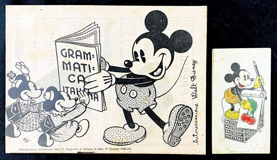 Pastelli Topolino Presbitero: Lotto composto da un album da colorare, cm 8,5x4,5, pp. 8, con illustrazioni raffiguranti Topolino e Minnie. Le illustrazioni sono state colorate a matita. Buono stato. Unitamente alla Grammatichetta