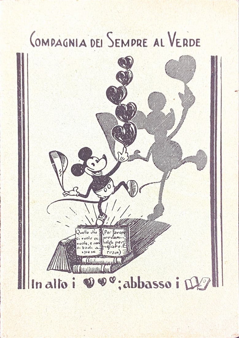 Compagnia dei Sempre al Verde: Tessera per associazione, anni '30. Cm 10,5x7, due ante. Compilato. Ottimo stato. ENG