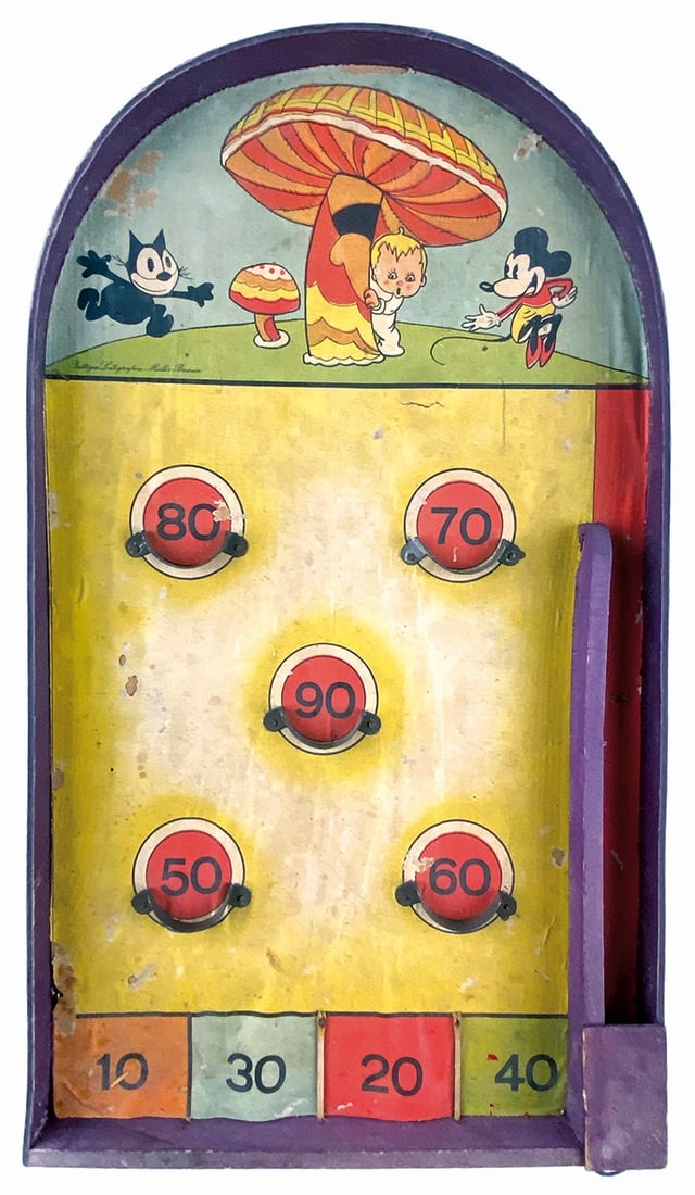 Flipper Giocattolo Topolino anni '30: In legno e cartone litografato, prodotto dalla bottega Muller di Brescia. Cm 39x22. Minime abrasioni, complessivo buono stato. ENG